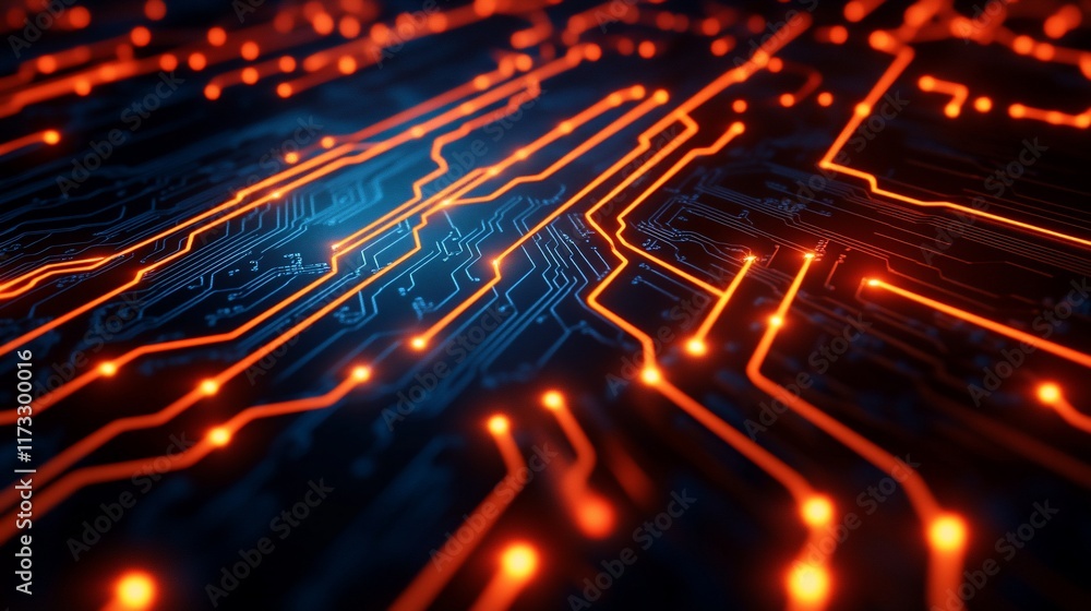 Poster abstract glowing circuit board with orange and blue lines.