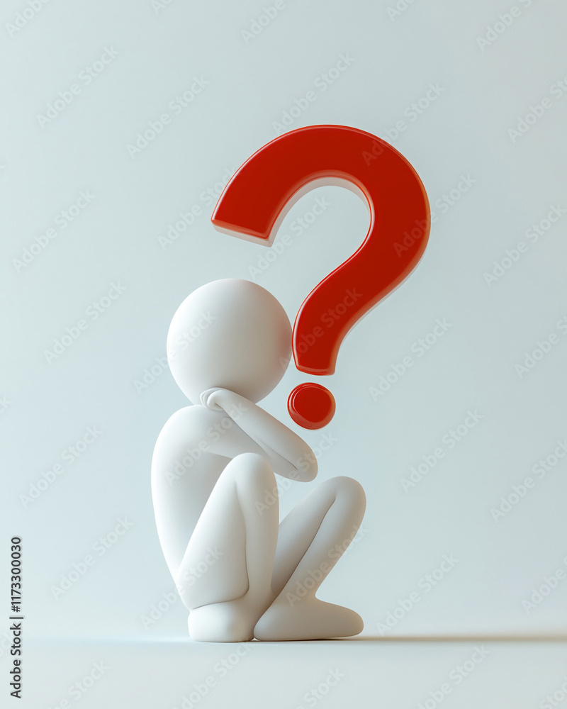Aufkleber minimalist figure sitting with a red large question mark on a pastel background, symbolizing uncerta