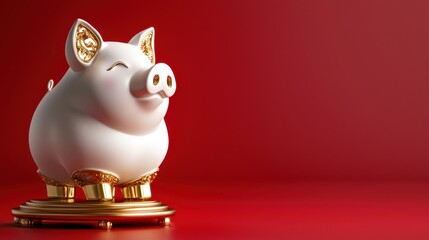 Celebrating wealth piggy bank sculpture on red background art display