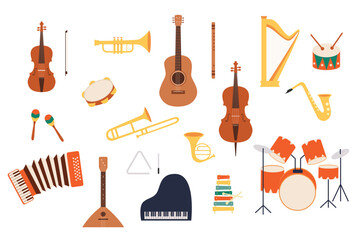 Musical instruments set pack. Music elements of violin, maracas,accordion,piano,drums,guitar, flute,triangle,bass guitar,horn,harp,flute,tambourine,cello,xylophone. Vector isolated cartoon flat style.