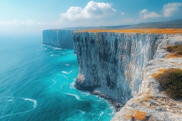 Majestic cliffs meet turquoise waters along a scenic coastline under a bright sky