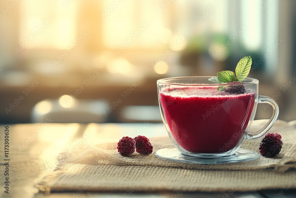 Poster glass of raspberry smoothie on wooden table in sunlit room.