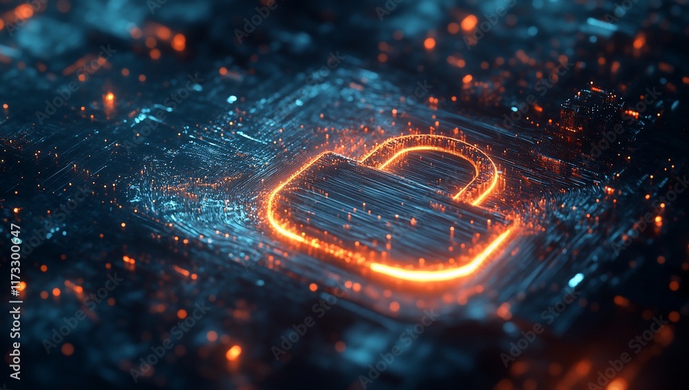 Poster Glowing padlock icon on a circuit board, representing digital security and data protection.
