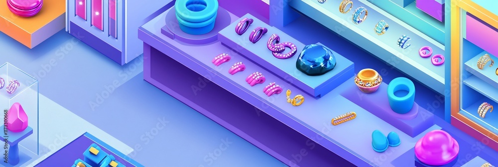 Aufkleber Colorful isometric 3D rendering of a shop with various colorful objects on display.