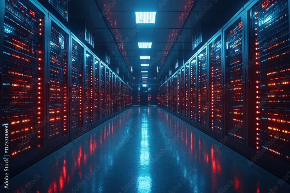 Poster modern data center with illuminated servers showcasing advanced technology and infrastructure at nig