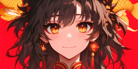 happy chinese girl cartoon character with celebrate chinese year background