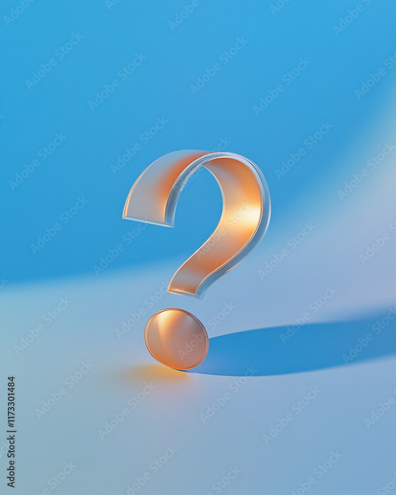 Poster Transparent large question mark with orange glow on blue minimalistic background