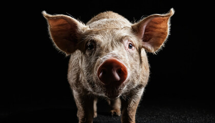 Curious pig stands out against a dark background showcasing its unique features