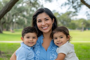 Photo of a smiling Hispanic woman in a blue shirt, holding two children at a park