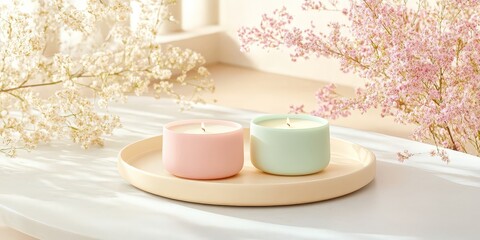 Fototapeta premium Soft pink and green candles on a round tray, styled with delicate white and pink flowers in natural light.