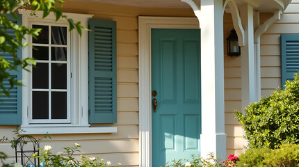 A light beige house exterior featuring a teal door, white trim, and teal shutters on windows.  Landscaping with greenery is visible at the base.  The scene is brightly lit.