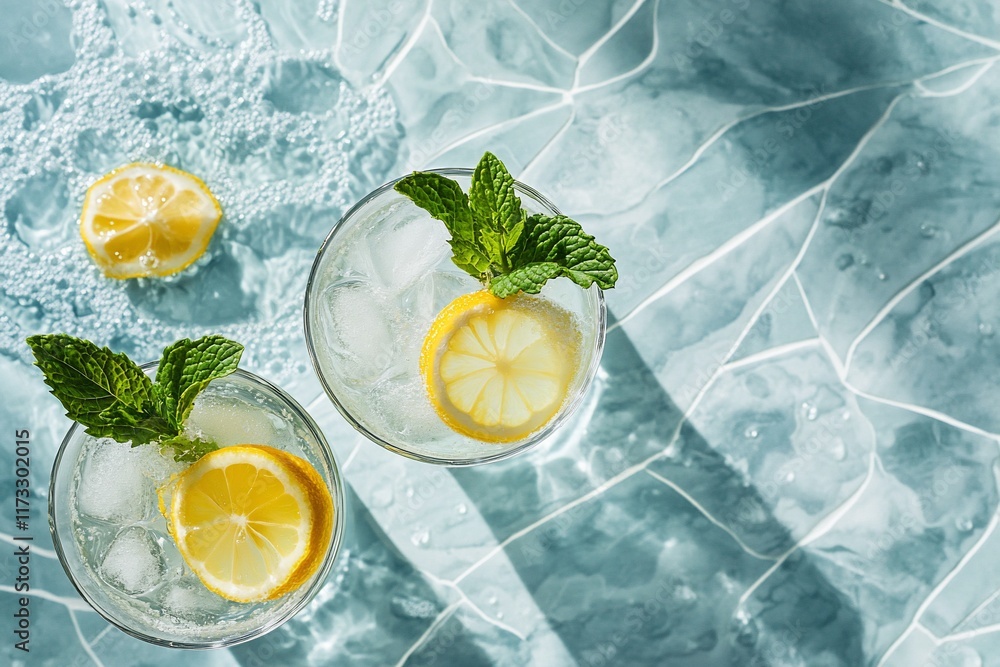 Poster two glasses of refreshing lemonade with lemon slices and mint leaves on a blue textured surface.