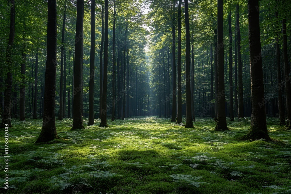 Poster lush green forest with towering trees and sunlight filtering through foliage in a serene location