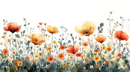 Obraz premium Watercolor painting of orange and yellow poppies and wildflowers on white background.