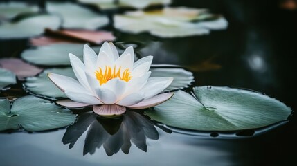 White water lily flower blooming on dark water with lily pads, reflecting on the surface.