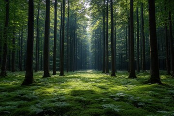 Obraz premium Lush green forest with towering trees and sunlight filtering through foliage in a serene location