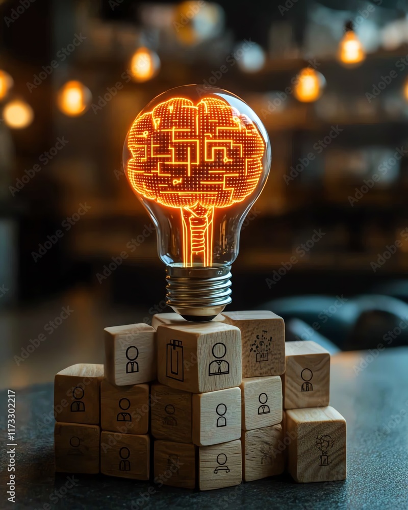 Aufkleber ai innovation concept with a digital brain in a lightbulb, human icons on wooden blocks, showcasing 