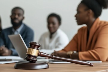 Diverse business professionals engage in legal discussions with digital tools at a modern law firm setting