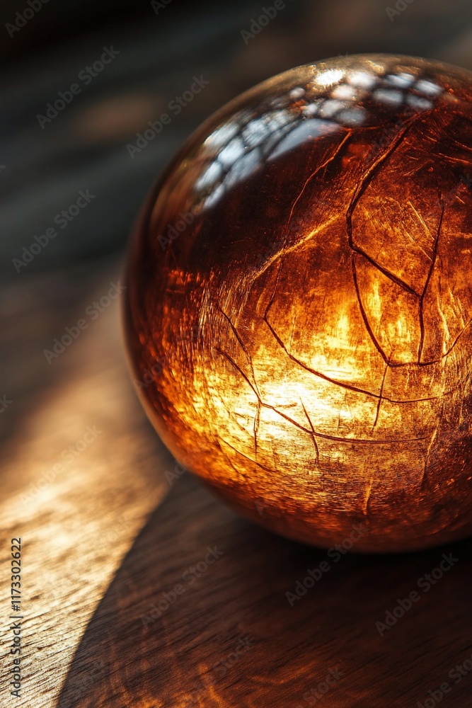 Poster illuminated amber sphere with intricate crackled surface rests on wooden surface.
