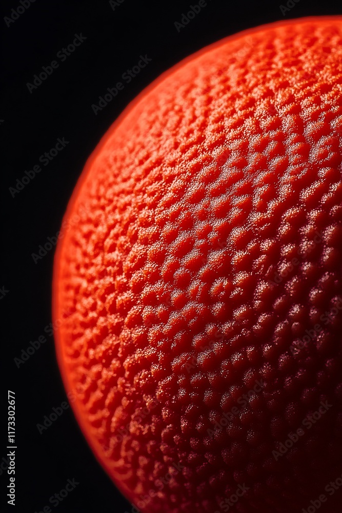 Poster close-up of a textured red sphere against a black background.