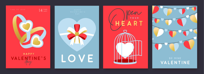 Set of Happy Valentines Day greeting cards, covers or posters with love hearts in modern style. Valentine background. Flat design. Vector illustration