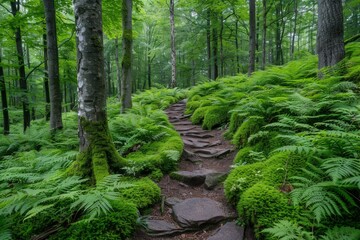 A stone path winds through a lush green forest with mossy tree trunks and ferns. AI generative. .