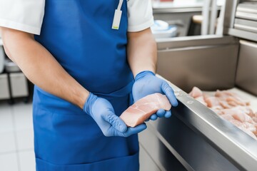 Chef skillfully prepares fresh salmon fillet in a professional kitchen with a focus on high-quality ingredients