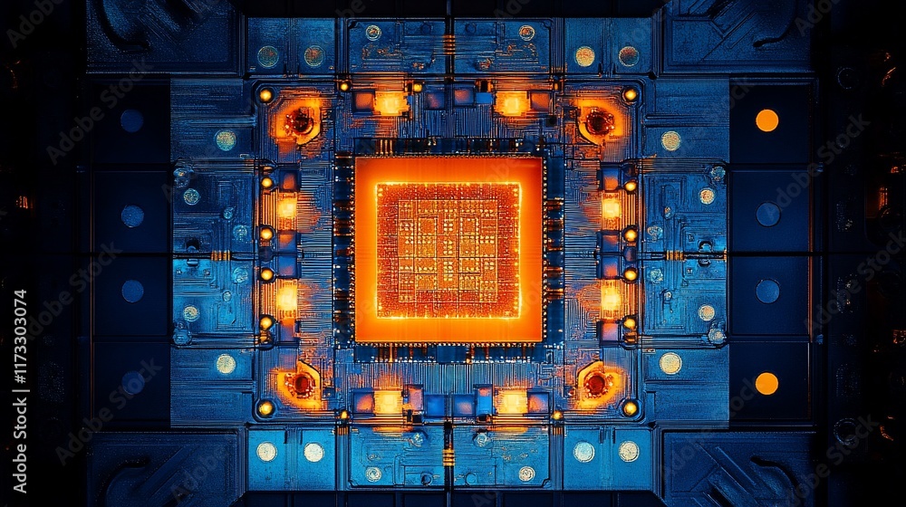 Aufkleber close-up of a glowing orange computer chip, surrounded by intricate blue circuitry.