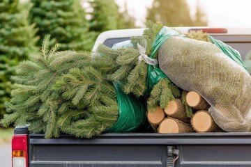 Christmas trees in netting waiting for collection on a residential street after the holiday season