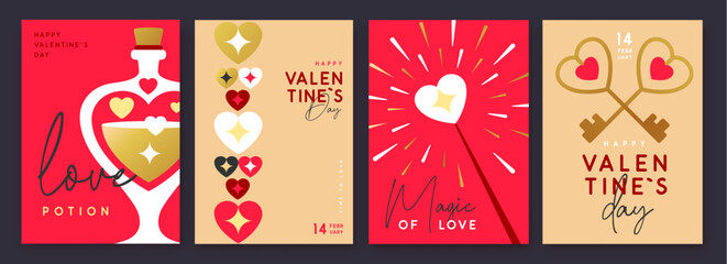 Fototapeta premium Set of Happy Valentines Day greeting cards, covers or posters with love hearts in modern style. Valentine background. Flat design. Vector illustration