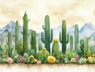 Watercolor painting of various cacti and succulents in front of a mountain range.