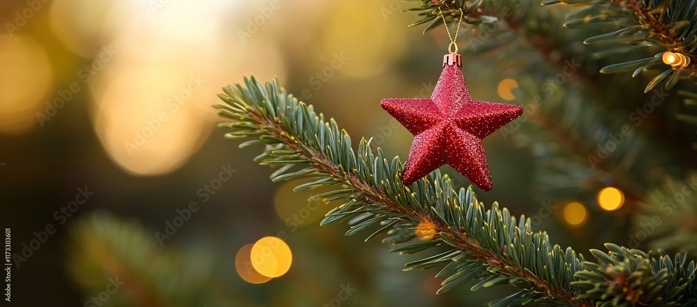 Poster Red star ornament hanging on a Christmas tree branch with bokeh lights.