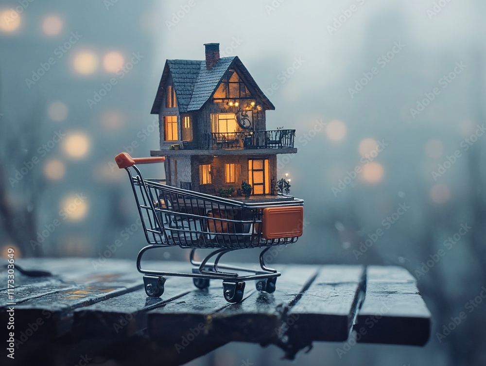 Poster miniature house in shopping cart on wet table at night.