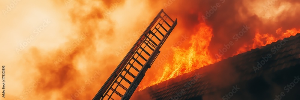 Poster fire truck ladder extended towards burning building engulfed in flames and smoke, creating dramatic 
