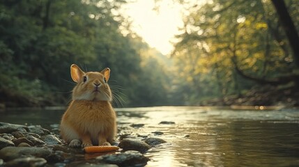 Orange rabbit by river, eating carrot.
