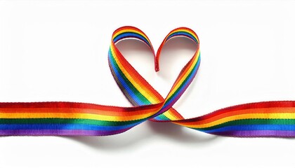 Rainbow Heart Shaped Ribbon Symbolizing LGBTQ+ Pride, Love, and Unity Against a White Background for Celebrations or Awareness