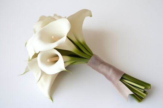 Elegant white calla lilies bouquet tied with satin ribbon, perfect for weddings and special occasions