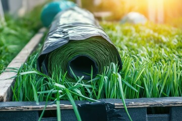 Fototapeta premium Freshly cut rolled lawn on a wooden pallet prepared for backyard installation