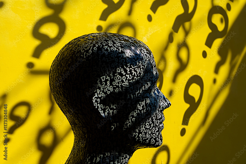 Poster Abstract profile of a head with numbers and question marks on a yellow background
