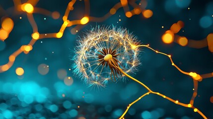 Vibrant Dandelion Seed with Glowing Lights on Colorful Background