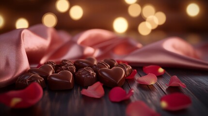 A romantic setting featuring heart-shaped chocolates and rose petals on a soft fabric backdrop.