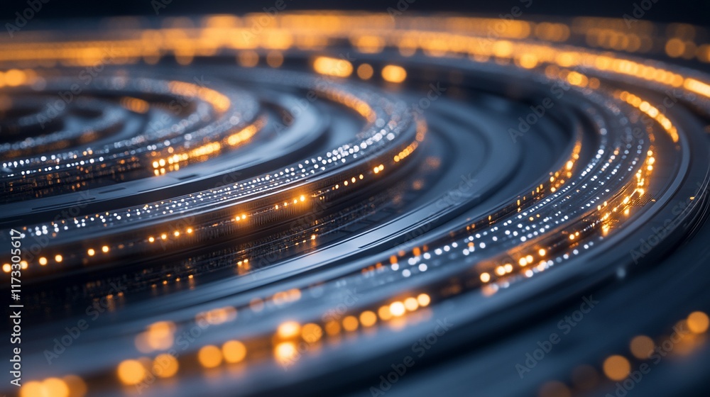 Poster Abstract glowing concentric circles with digital data flow.