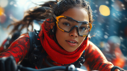 Obraz premium Woman cyclist wearing goggles and red scarf, intense focus in snowy setting, Generative AI