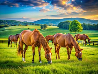 Obraz premium Kentucky Horse Farm: Thoroughbreds Grazing in Lush Pasture