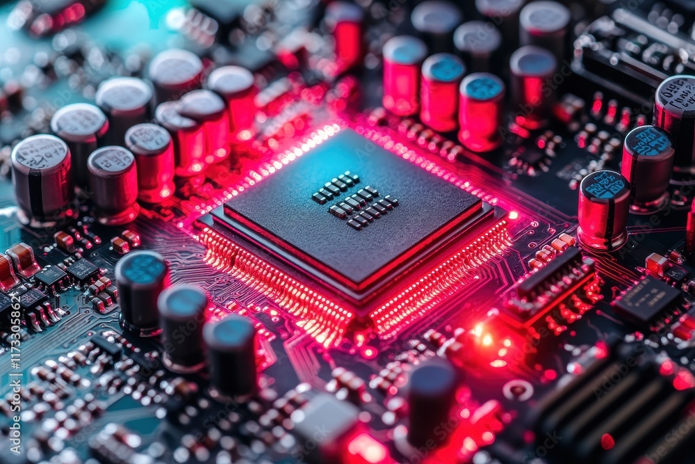 Poster close-up view of a modern computer circuit board with glowing components and intricate details