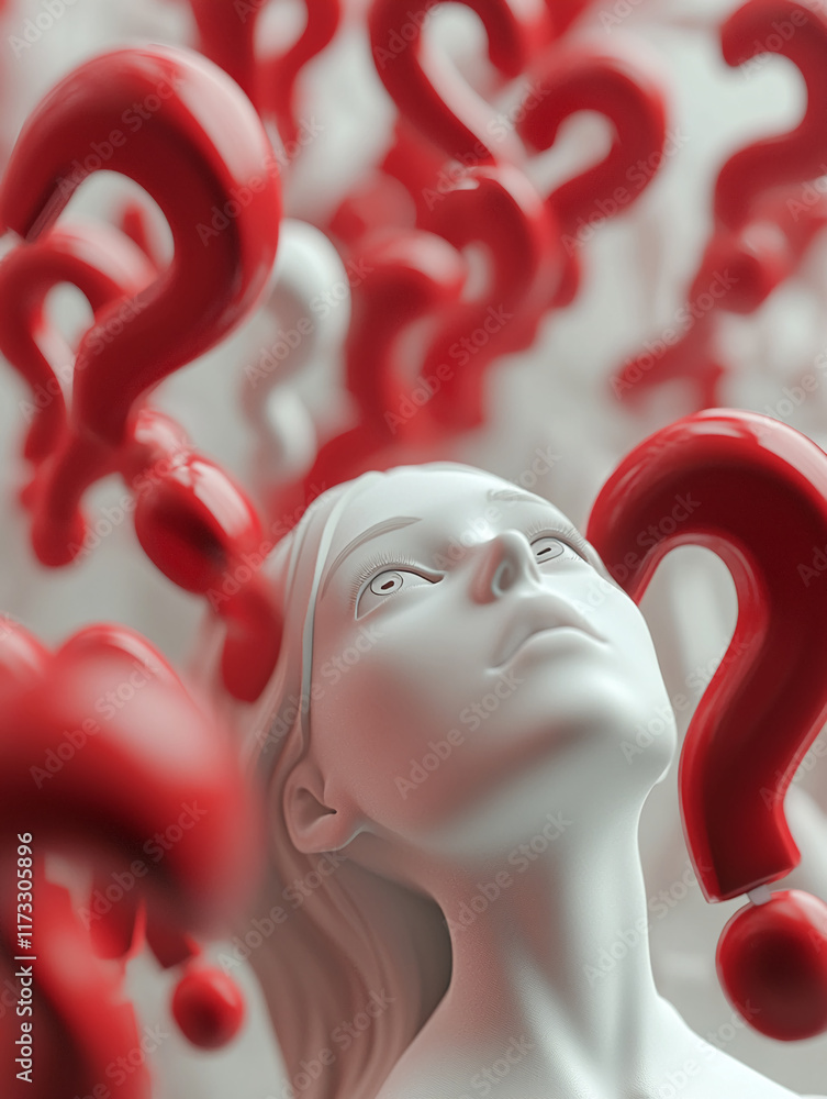 Poster abstract woman with red question marks symbolizing confusion and curiosity