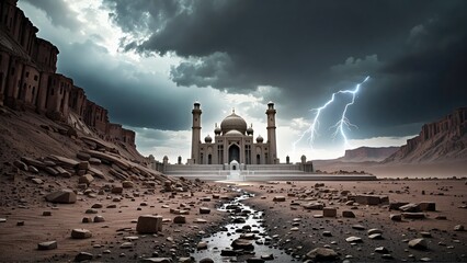 An exotic mosque with a crescent-shaped dome and turquoise accents stands on a rocky coastline. The...