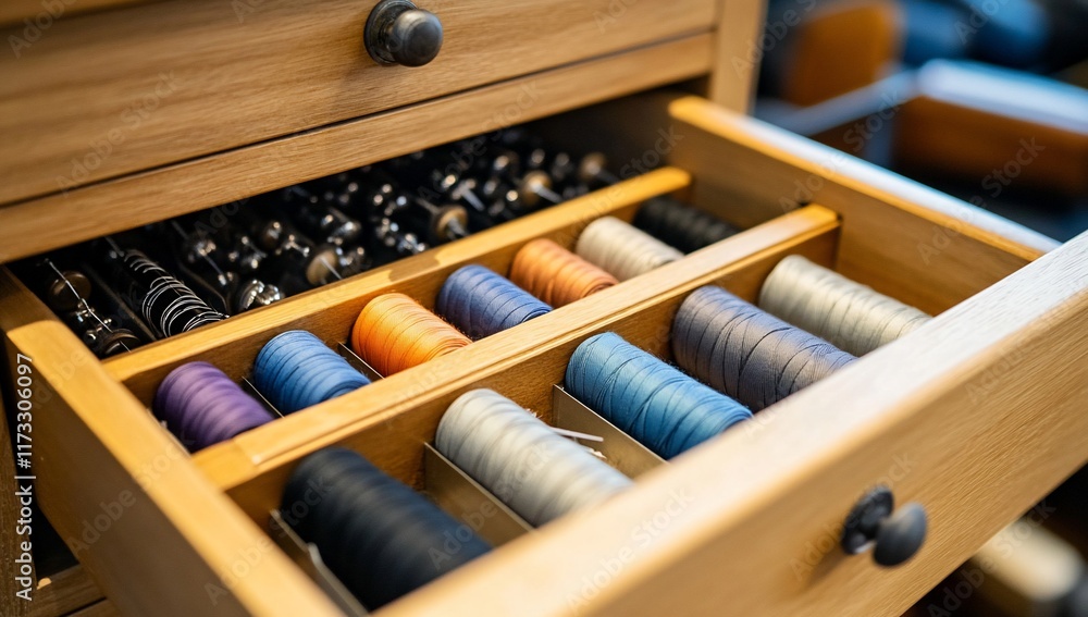 Aufkleber open drawer with colorful thread spools neatly organized in wooden compartments.