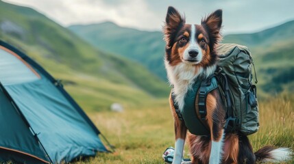 A loyal dog stands proudly beside a camping tent in a lush green landscape. The bond between pets and nature is truly special. Adventure awaits outside. Generative AI