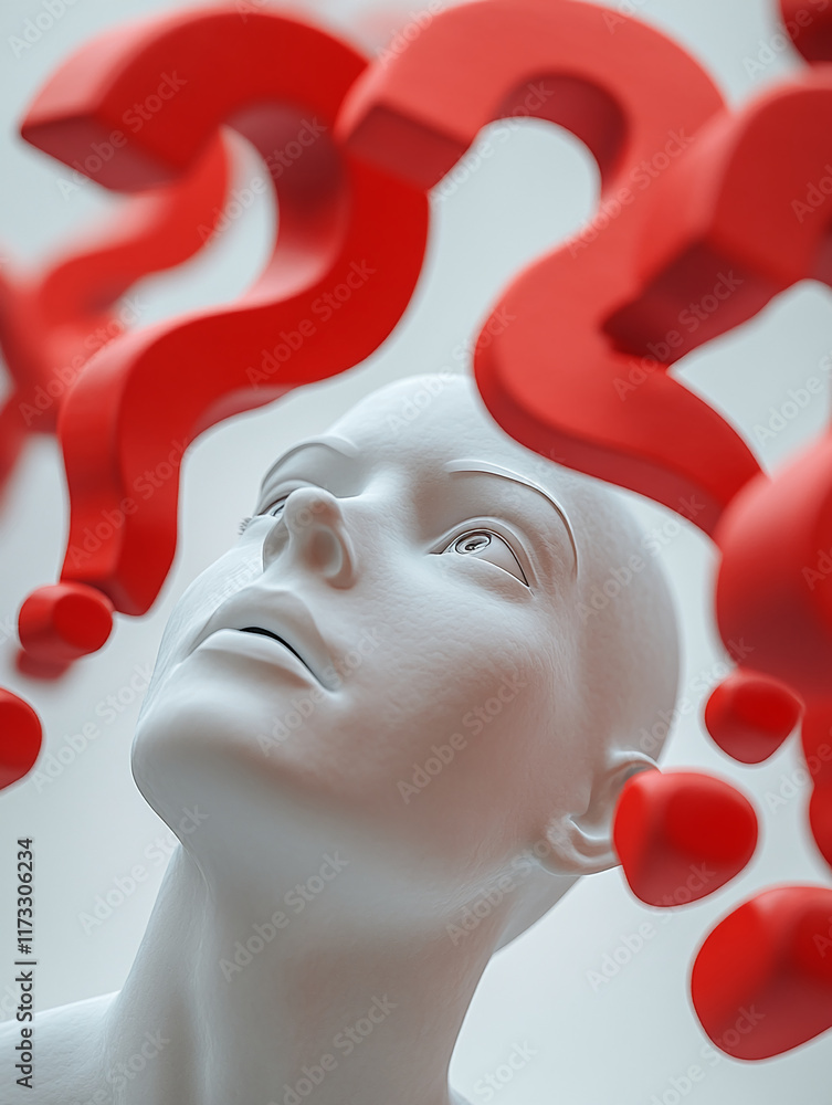 Poster Surreal white sculpture with red question marks symbolizing thought and curiosity